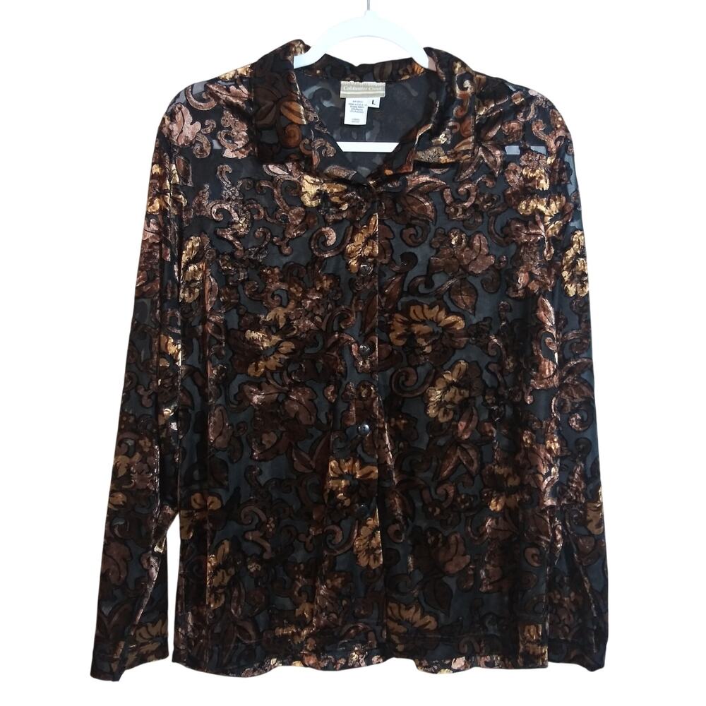 Coldwater Creek Velvet Burnout Black Bronze Floral Sheer Button Front Top Sz L